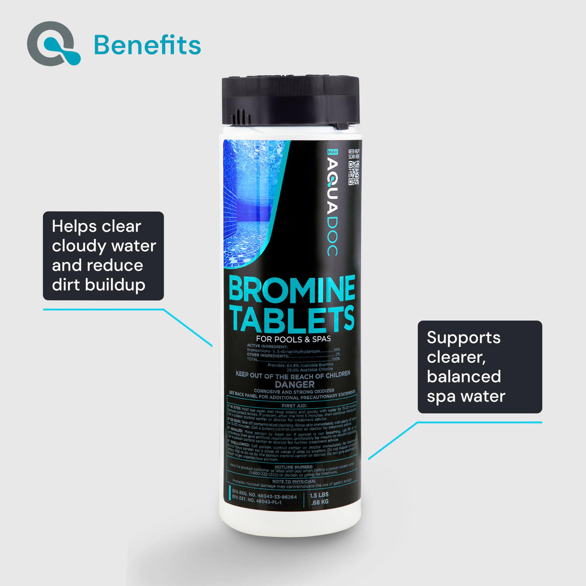 AquaDoc two-step system guides easy bromine setup for balanced hot tub water.
