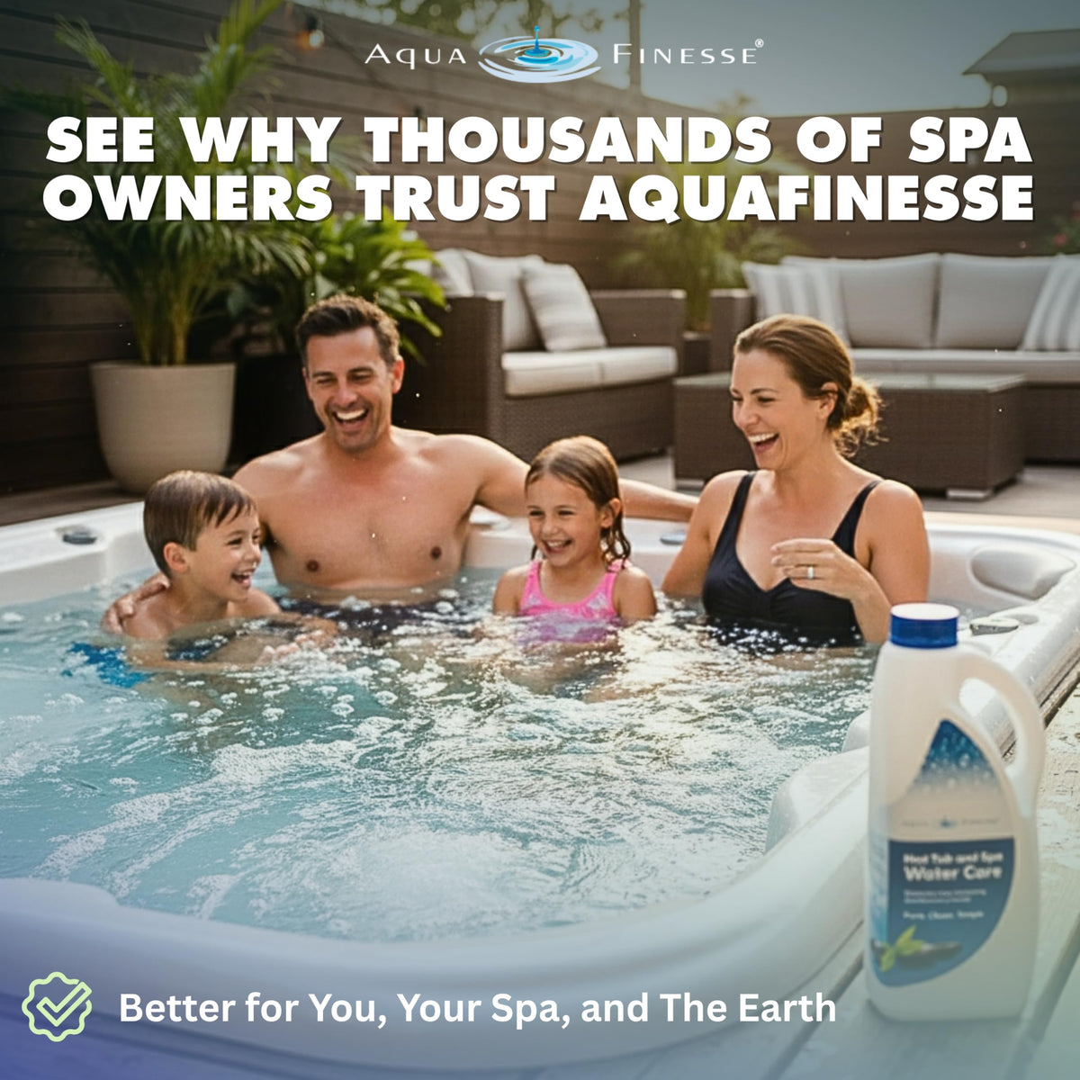 AquaFinesse refill packaging highlights simple weekly dosing and spa quality results.