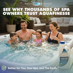 AquaFinesse refill packaging highlights simple weekly dosing and spa quality results.