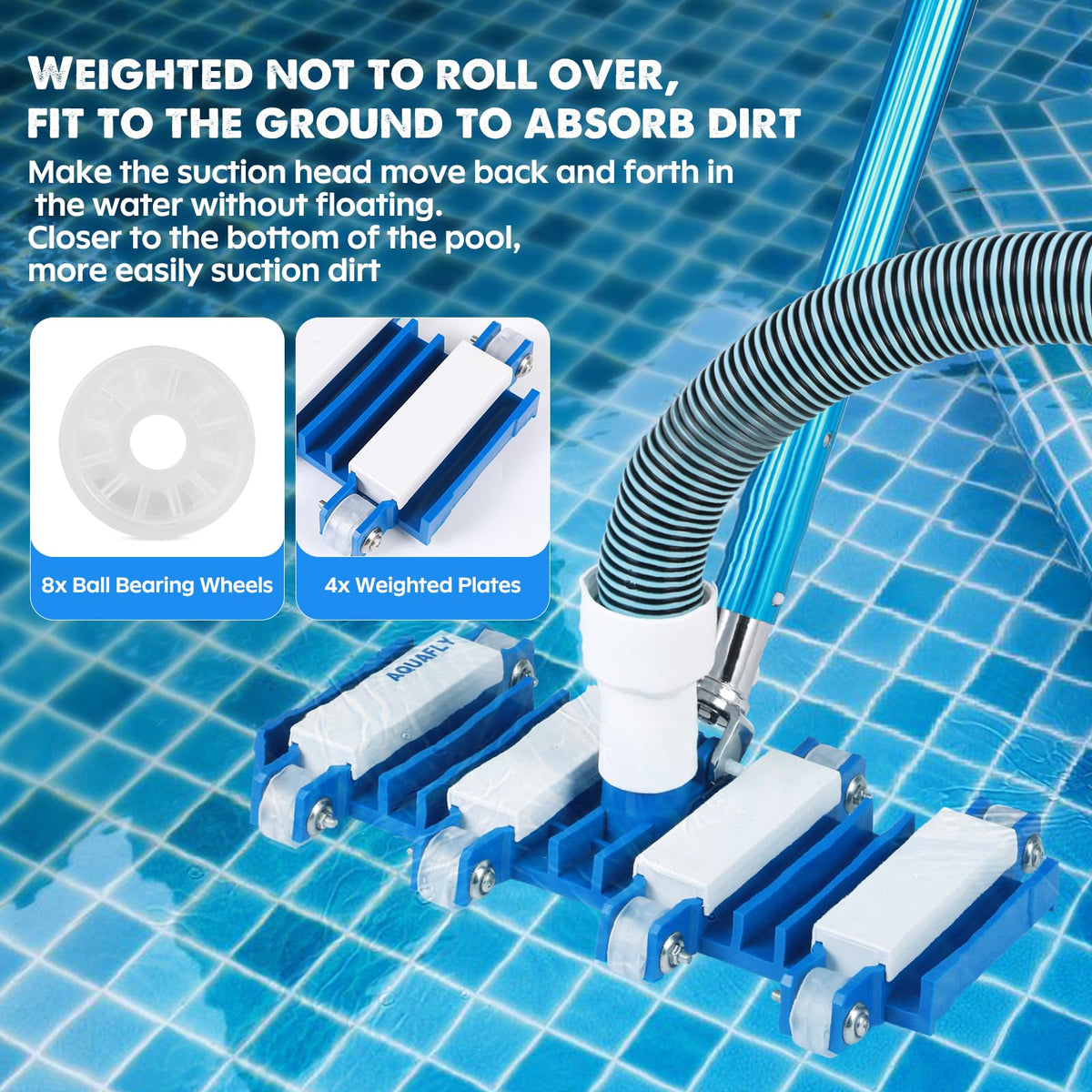 AQUAFLY vacuum head attaching to a telescoping pole for deck cleaning.