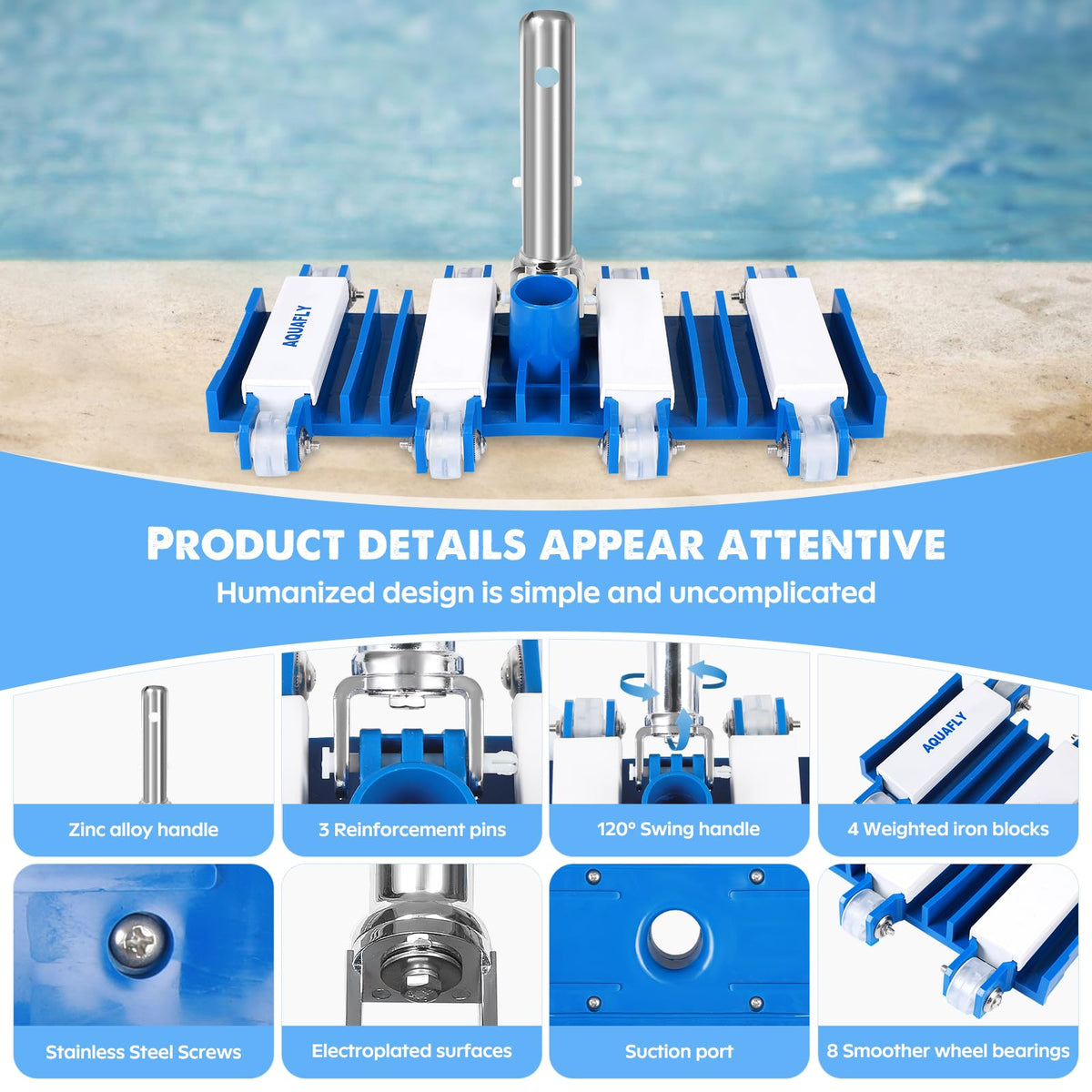 AQUAFLY pool vacuum head showing rotating connection for smooth turns.