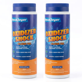 AquaJoyer non-chlorine spa shock 2-pack packaging ready for easy hot tub treatment.