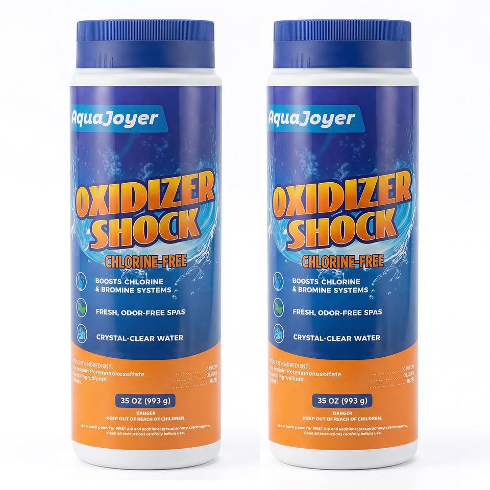 AquaJoyer non-chlorine spa shock 2-pack packaging ready for easy hot tub treatment.
