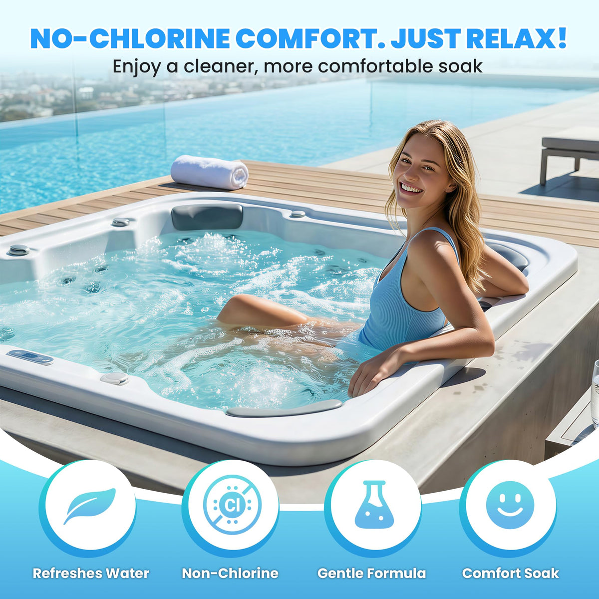 AquaJoyer non-chlorine spa shock granules dissolving quickly to balance spa water.