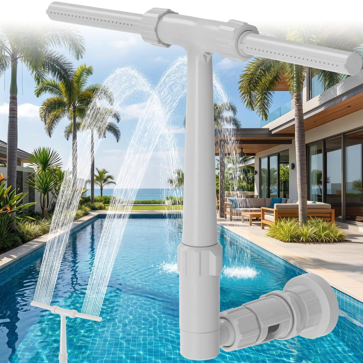 AquaJoyer pool fountain showing 360-degree adjustment for customizable height and direction