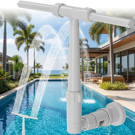 AquaJoyer pool fountain showing 360-degree adjustment for customizable height and direction