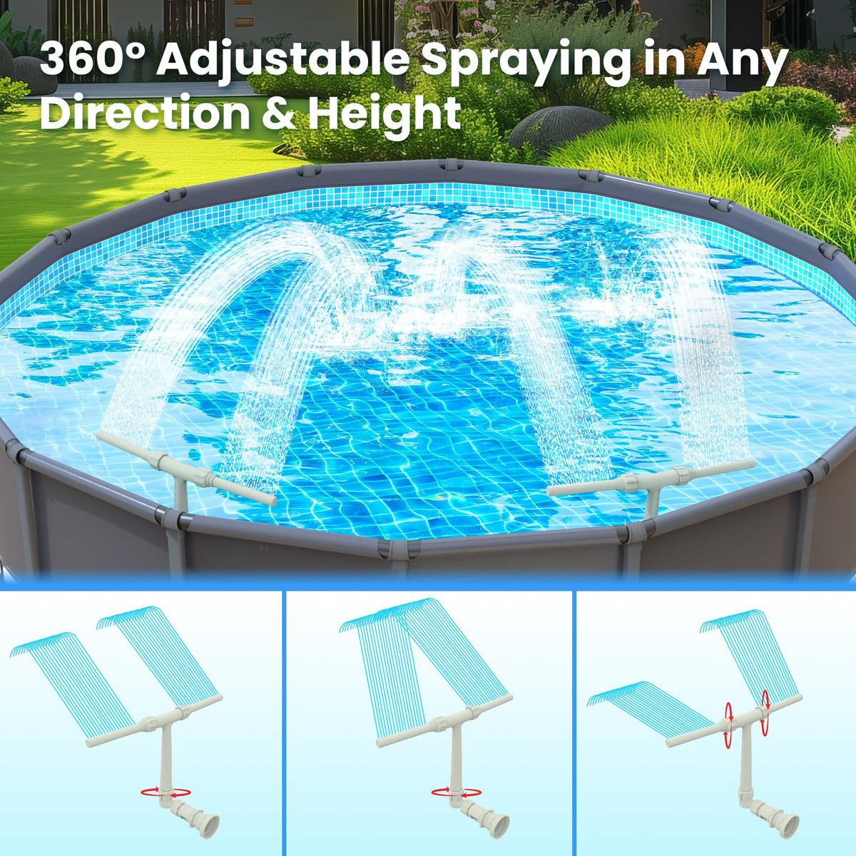 AquaJoyer pool fountain angled spray options for varied layouts