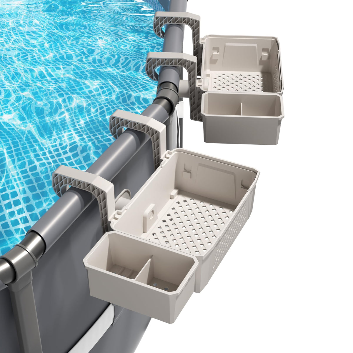 AquaJoyer poolside storage basket setup keeps towels and goggles neatly within reach.