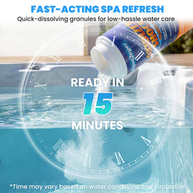 AquaJoyer chlorine-free spa shock bottle emphasizing simple dosing for hot tubs.