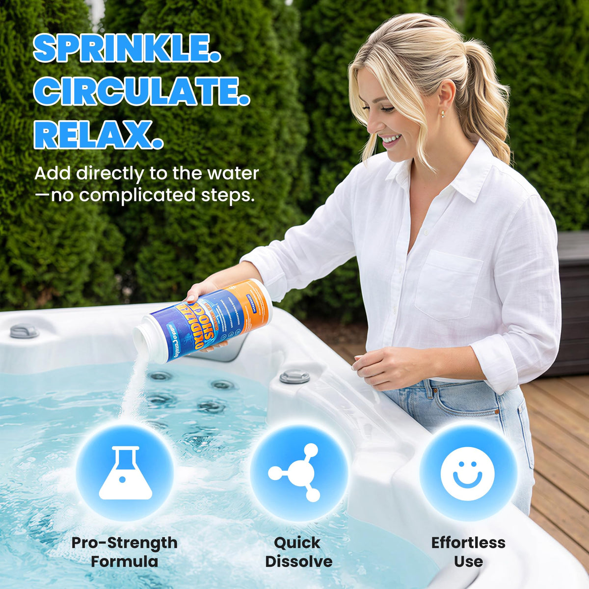 AquaJoyer spa shock visual highlighting saltwater compatibility for saltwater hot tubs.