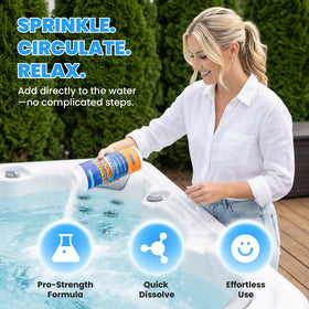 AquaJoyer spa shock visual highlighting saltwater compatibility for saltwater hot tubs.
