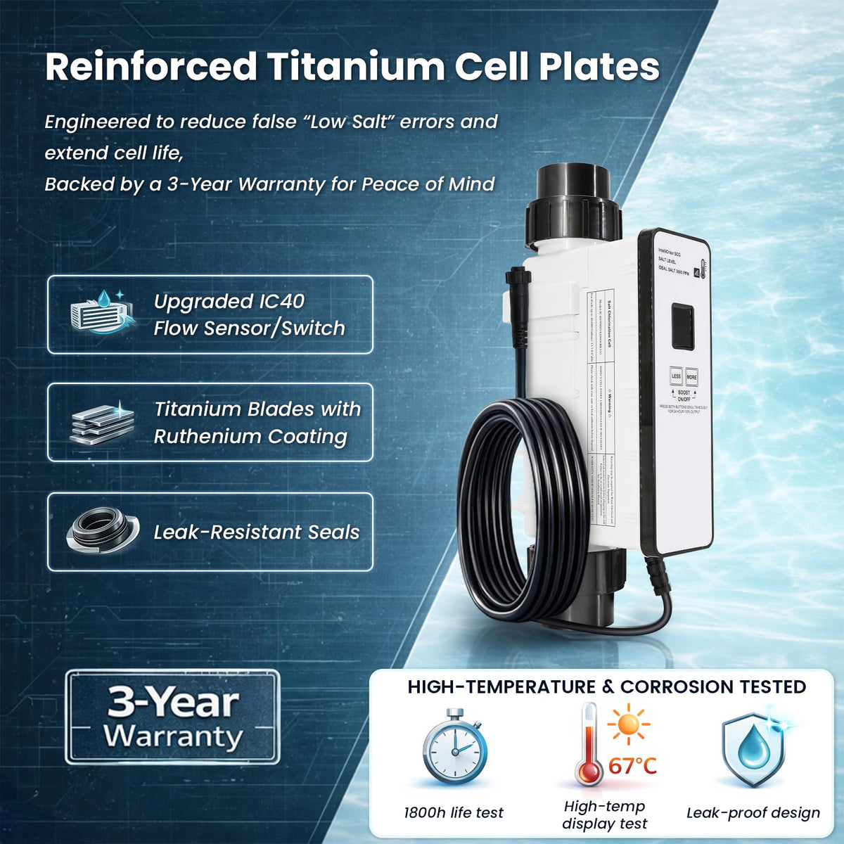 Aqualix LED display shows salt level, chlorine output, and system status at a glance.