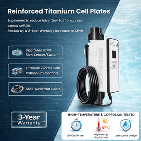 Aqualix LED display shows salt level, chlorine output, and system status at a glance.
