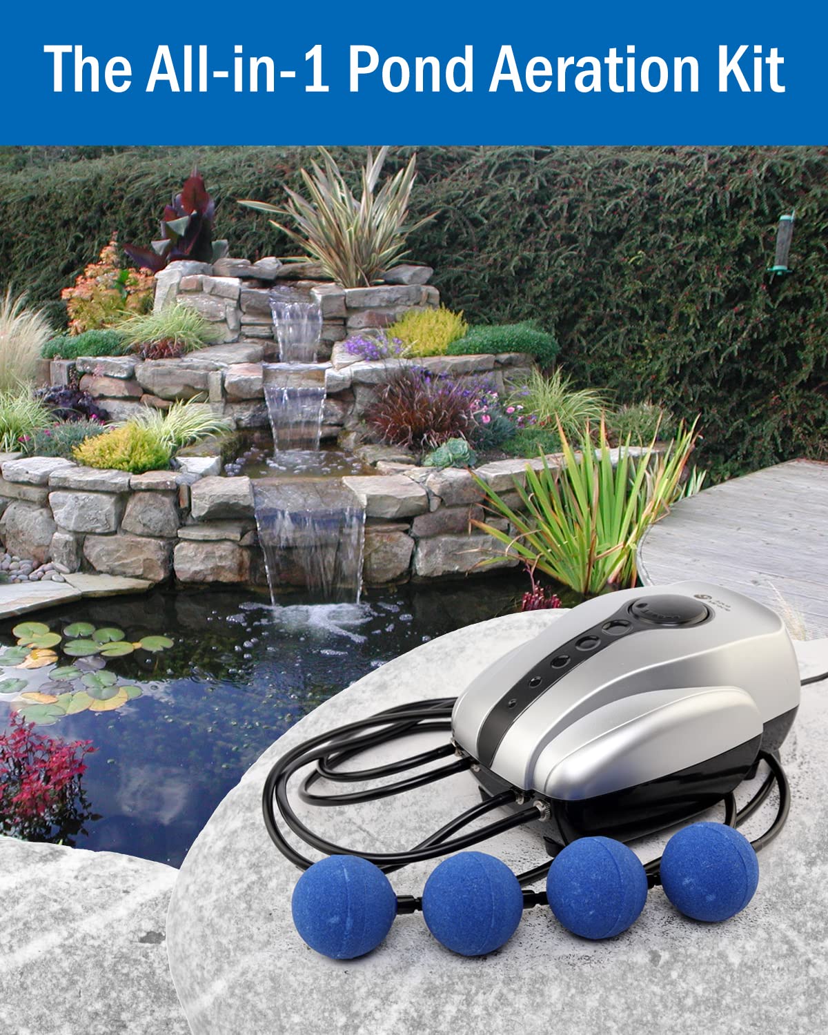 AquaMiracle four-outlet airline tubing delivering even pond aeration.