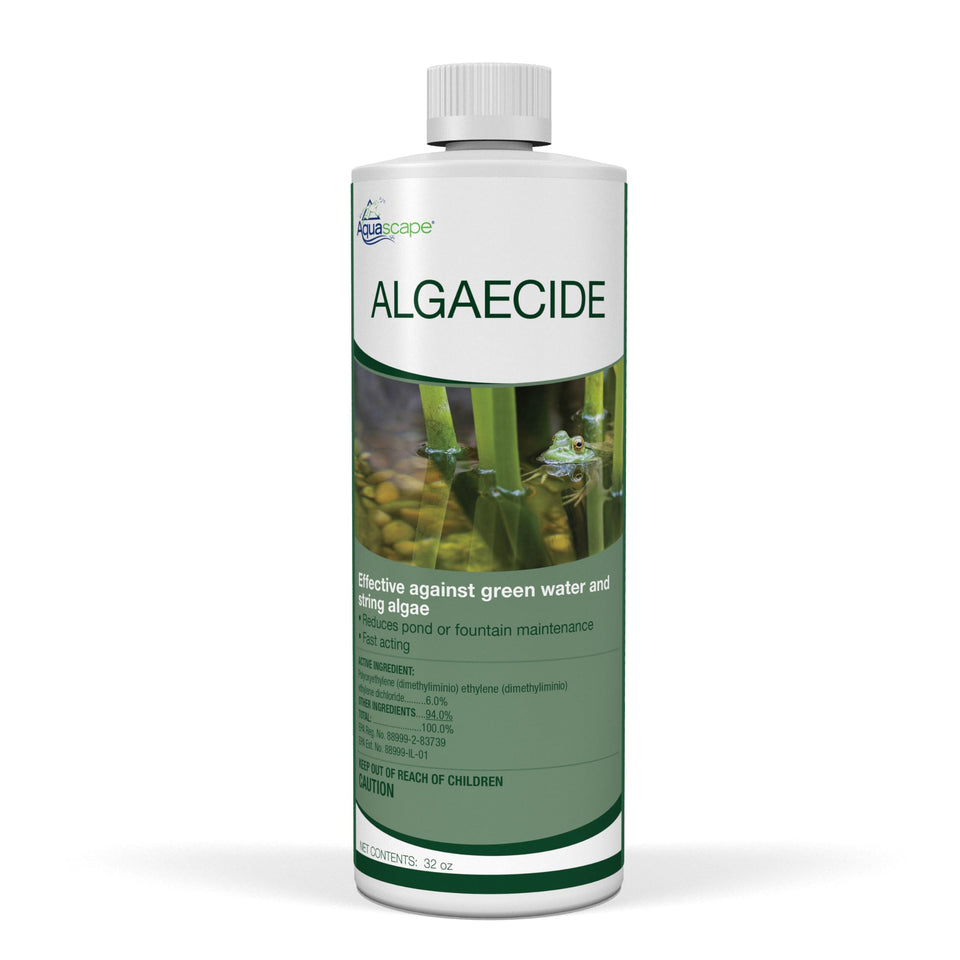 Aquascape algaecide bottle pouring to control pond algae