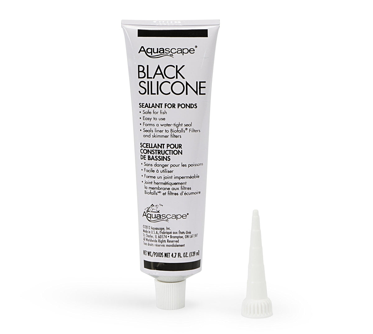 Aquascape Black Silicone Sealant seals pond biofilter snouts for a fish-safe, watertight connection.