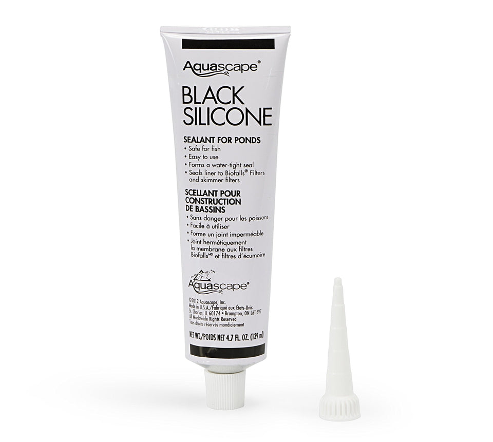 Aquascape Black Silicone Sealant seals pond biofilter snouts for a fish-safe, watertight connection.