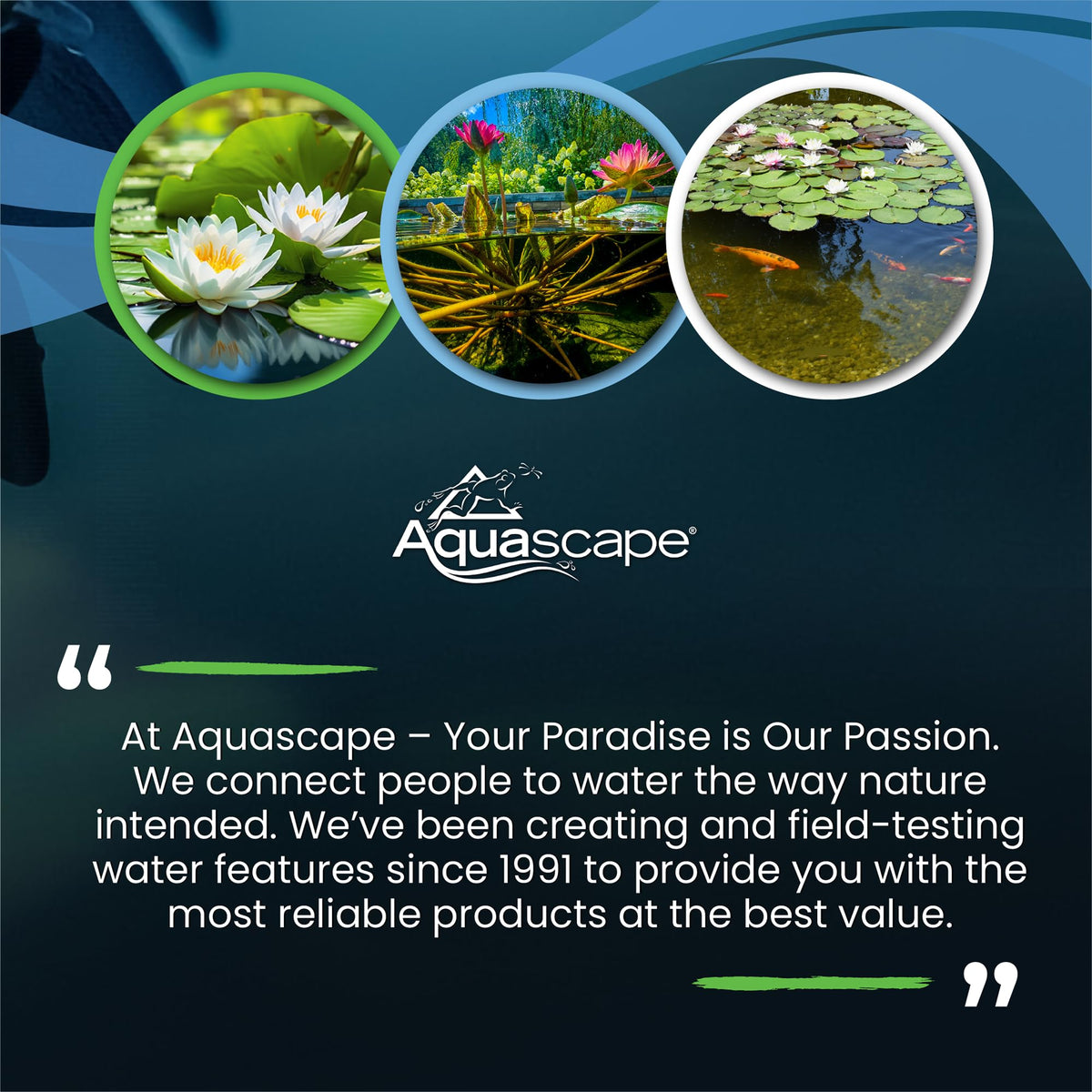 Aquascape brand passion for water gardening in action in pond setup.