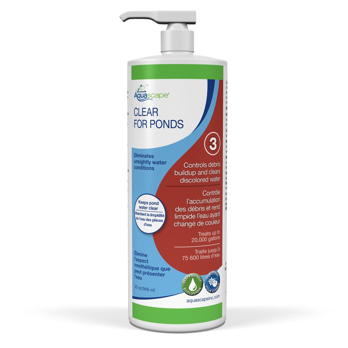 Aquascape Clear Water Treatment bottle shows cloudy water improving clarity in ponds