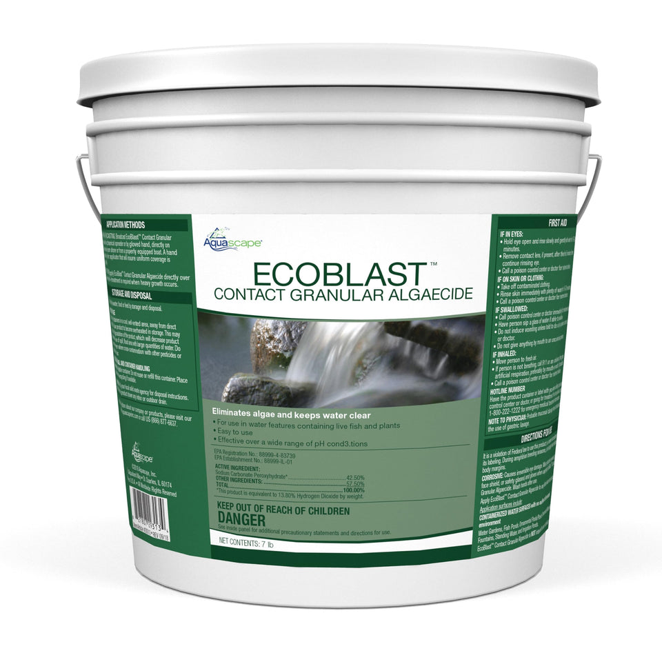 Aquascape EcoBlast granules on pond surface for algae control and cleaner water.