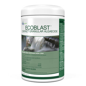 Aquascape EcoBlast granules on pond surface targeting algae for cleaner waterways