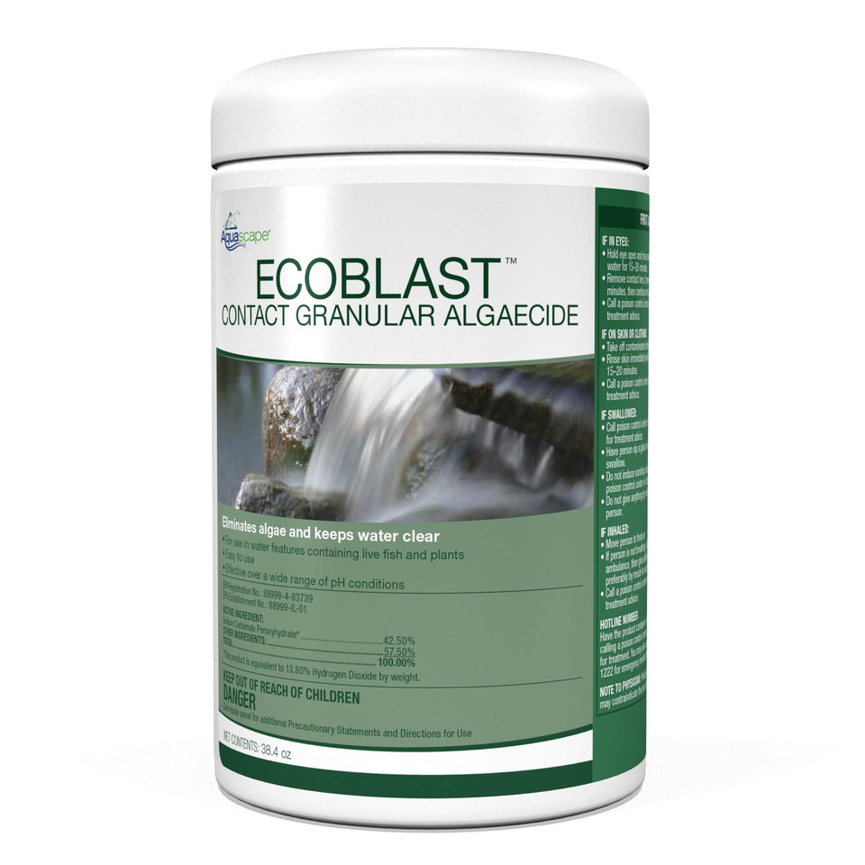 Aquascape EcoBlast granules on pond surface targeting algae for cleaner waterways