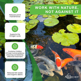 Aquascape enzyme blend label highlighting concentrated bacteria and enzymes.