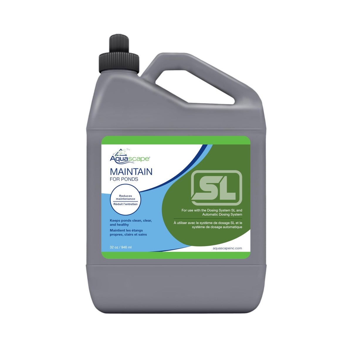 Aquascape Maintain Water Treatment bottle pouring into pond dosing system for clear water