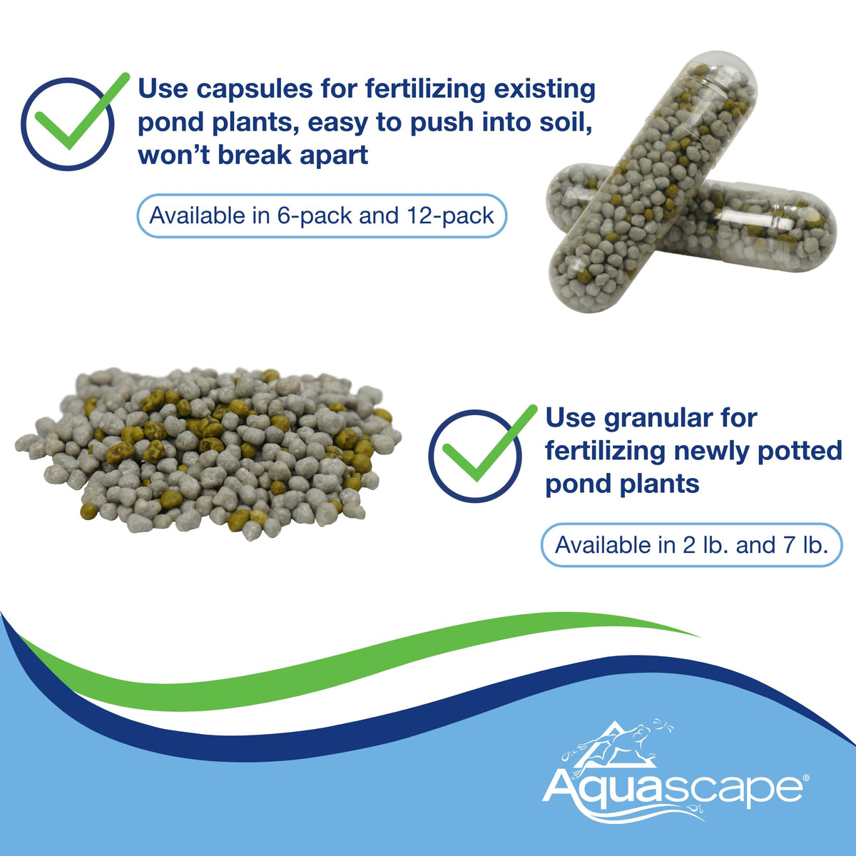 Aquascape capsules pushed into soil to nourish existing pond plants.