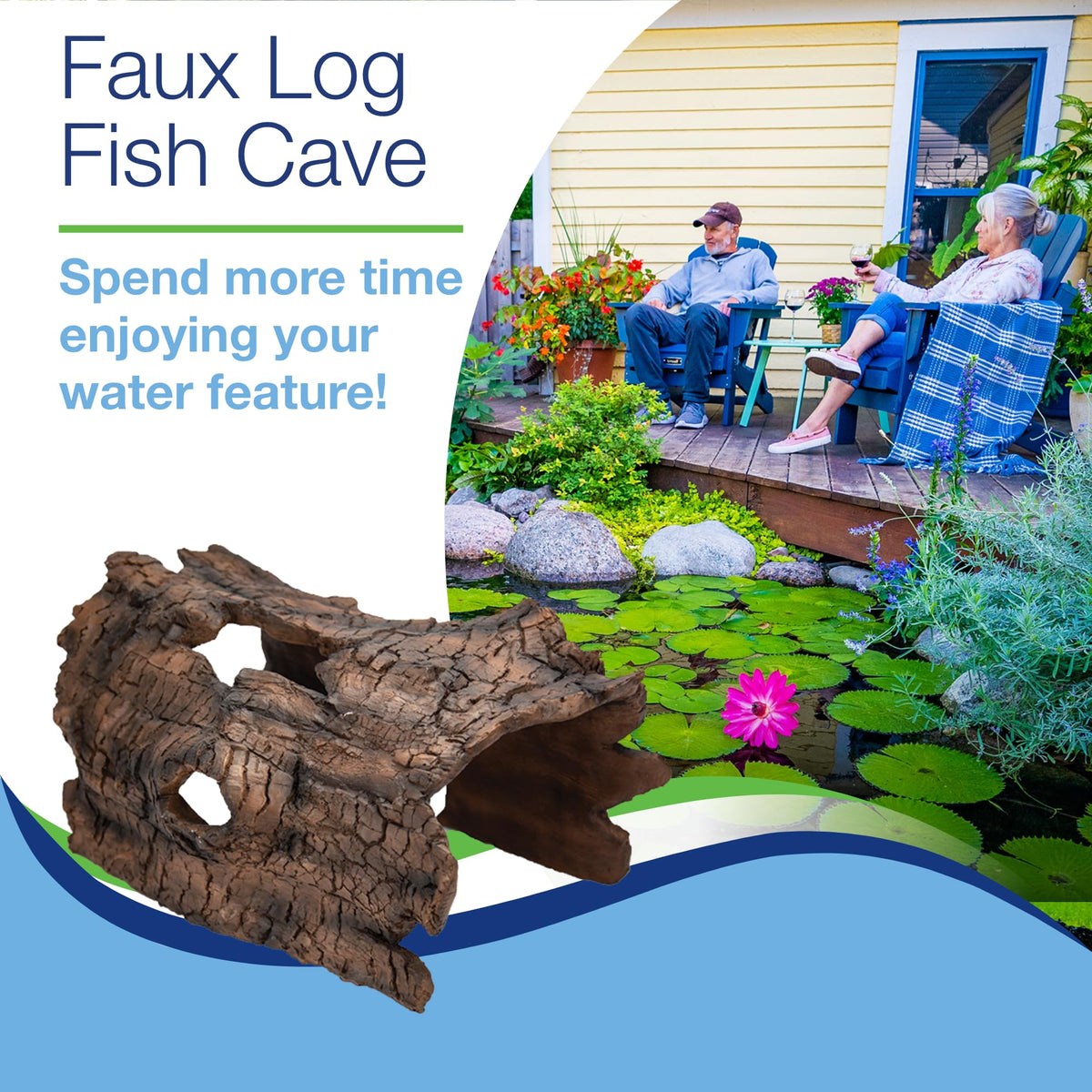 Aquascape poly-resin construction ensures durable pond shelter.