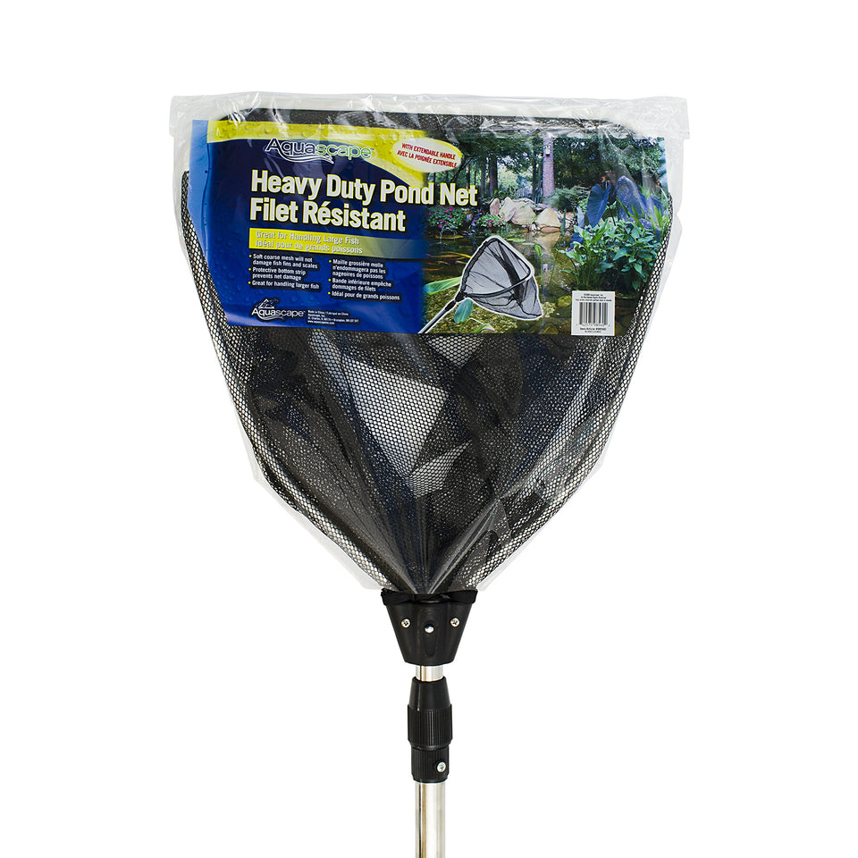 Aquascape pond net extendable-handle close-up shows koi-safe design