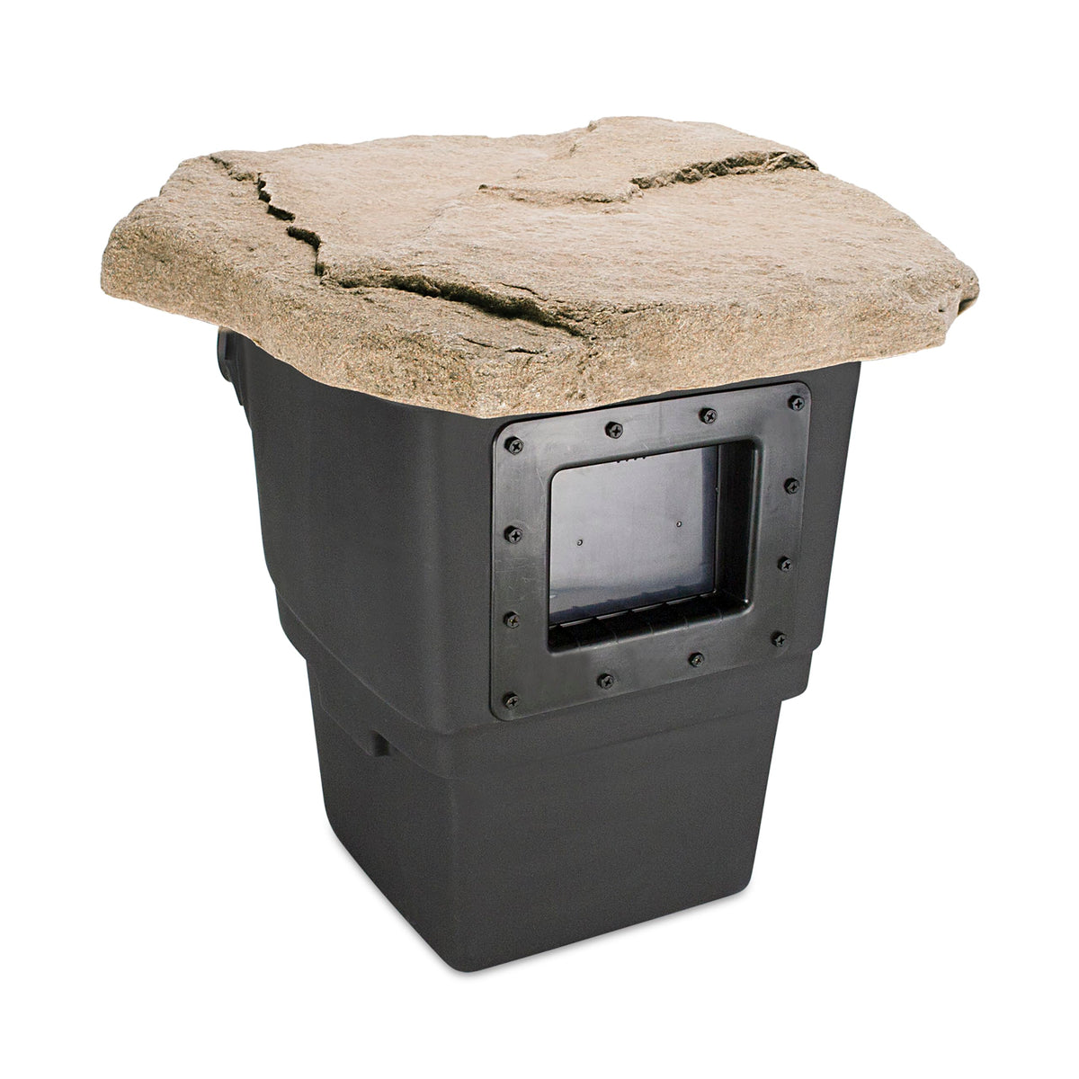 Aquascape Signature Series Skimmer 400/1000 faux rock lid integrates with pond edges for cohesive landscaping.