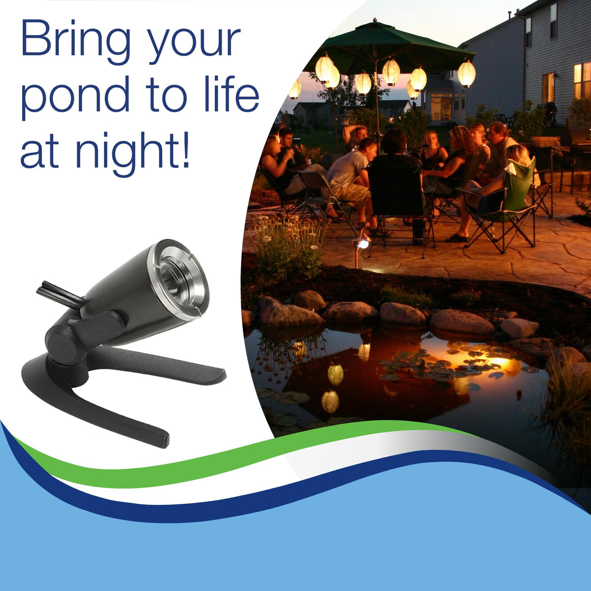 Aquascape night illumination showing soft garden glow along water features.