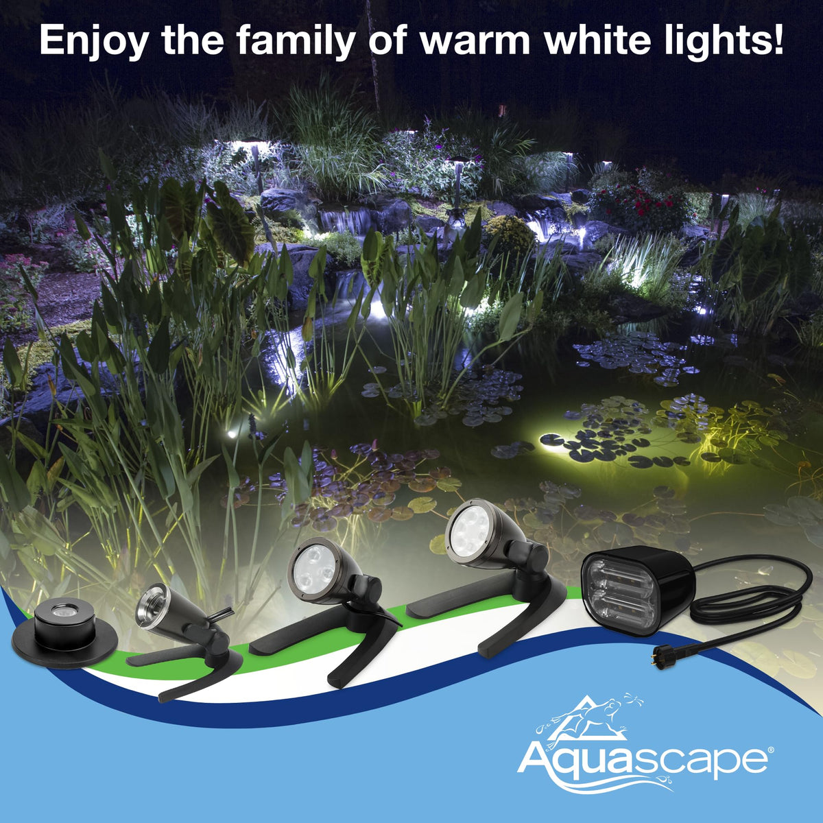 Aquascape spotlight beam highlighting a fountain or stream edge.