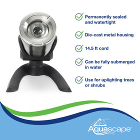 Aquascape water garden setup spotlight illuminating submerged features.