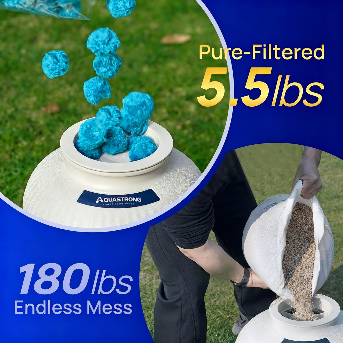 Blue AQUASTRONG filtration media improving pool water aesthetics.