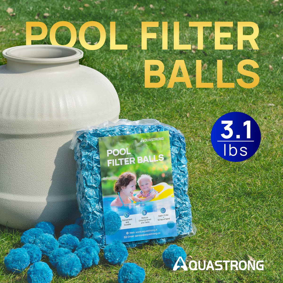 AQUASTRONG filter balls being rinsed, illustrating easy cleaning and reuse.