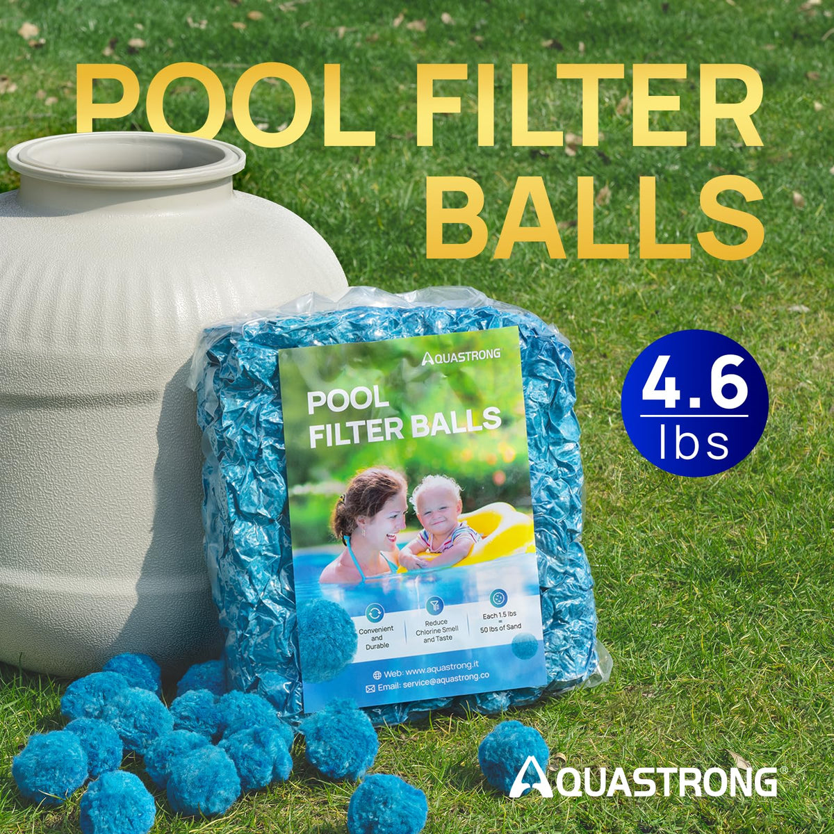 AQUASTRONG filter balls close-up highlighting fiber texture for micron capture