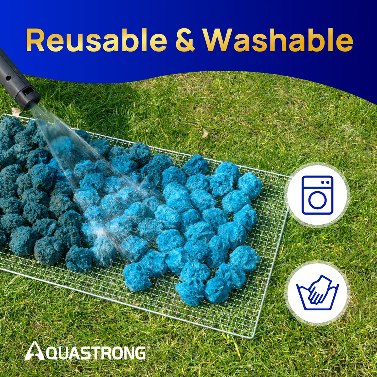 AQUASTRONG filter balls packaging highlighting the 3.1 lb reusable solution.