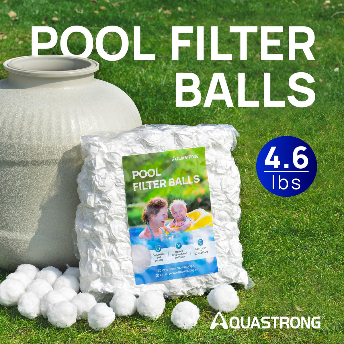 AQUASTRONG pool filter balls closeup showing fibers for efficient filtration