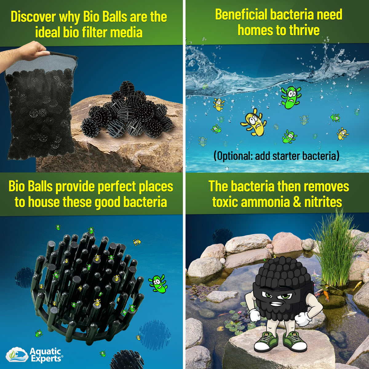 Aquatic Experts aquaponics setup includes bio balls to support system balance
