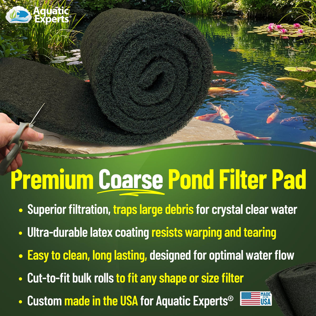 Aquatic Experts filter pad close-up showing durable latex coating for long life.