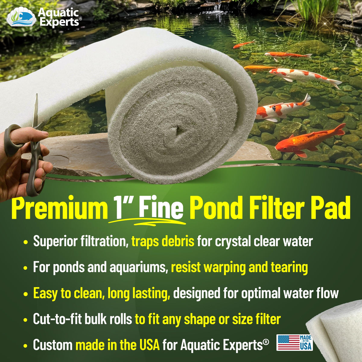 Aquatic Experts Cut-to-fit filter pad for koi ponds allows precise sizing.