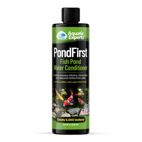 Aquatic Experts PondFirst bottle pour for instant pond dechlorination and safe water.