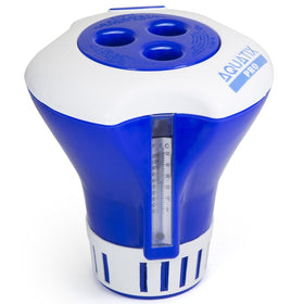 Aquatix Pro chlorine floater with thermometer shows temperature while diffusing tablets.