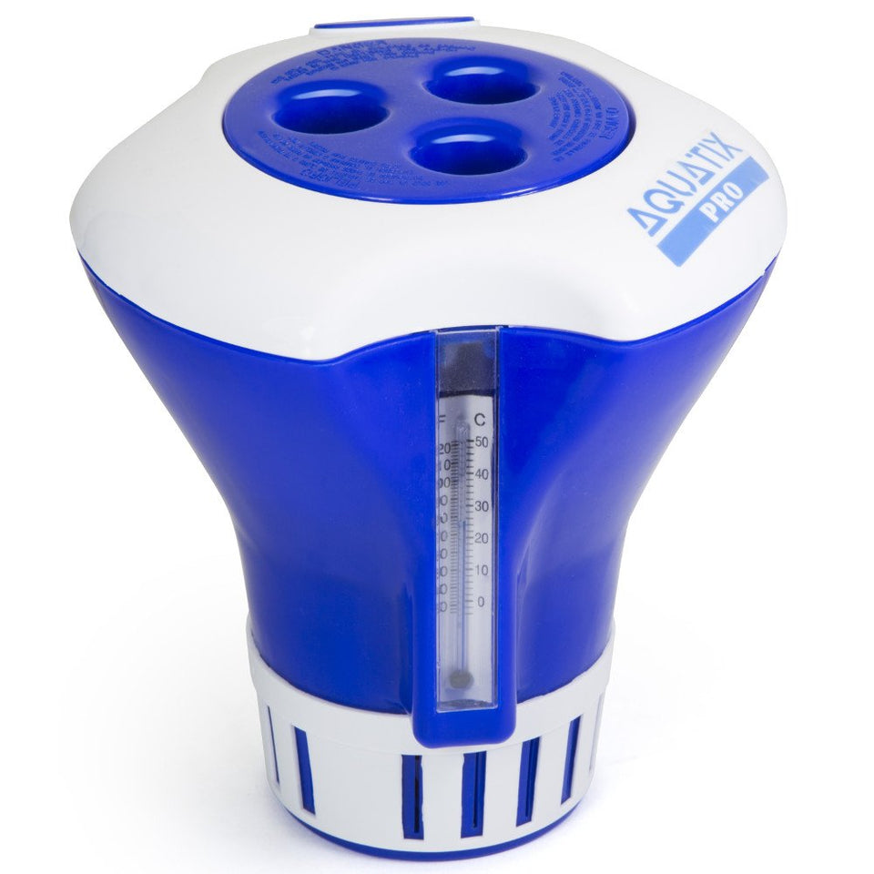 Aquatix Pro chlorine floater with thermometer shows temperature while diffusing tablets.