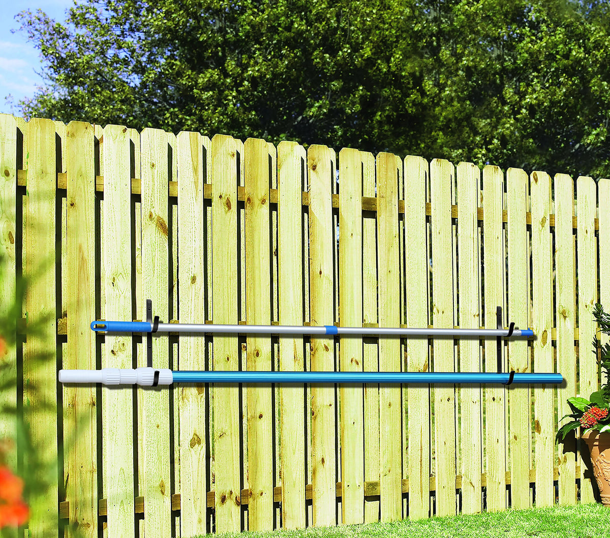 Aquatix Pro pool pole hanger installed on fence keeps gear within reach