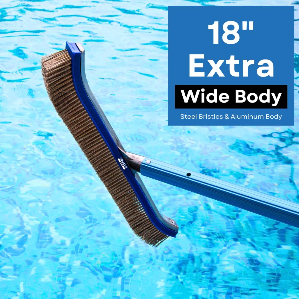 Aquatix Pro stainless steel bristles scrub stubborn stains on concrete pool surfaces.