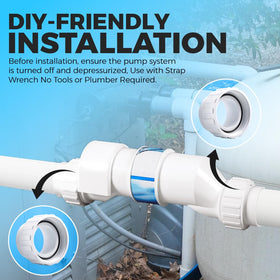 Aquatonics easy-install union with strap wrench for DIY replacements.