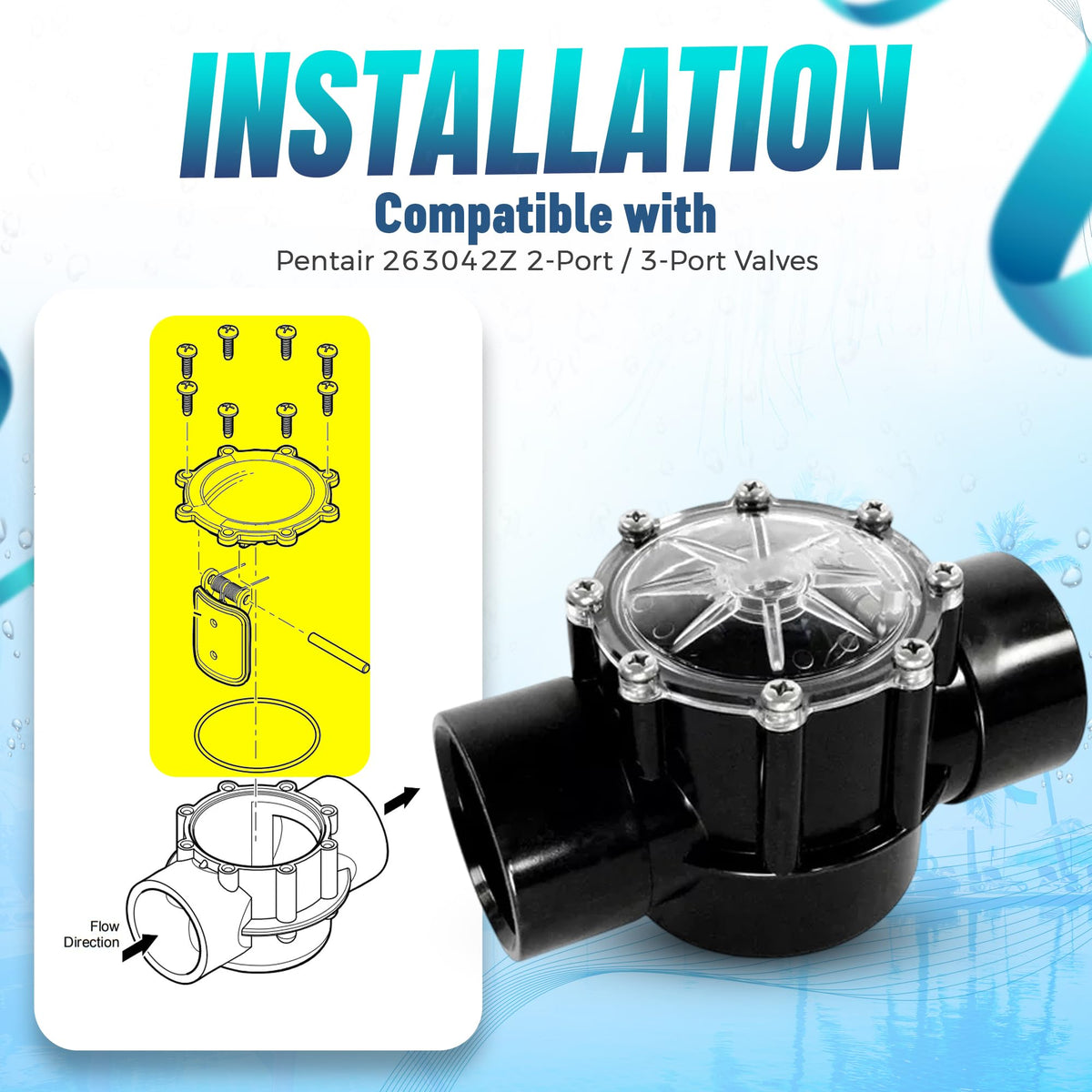 Transparent valve cover by Aquatonics, quick debris inspection.